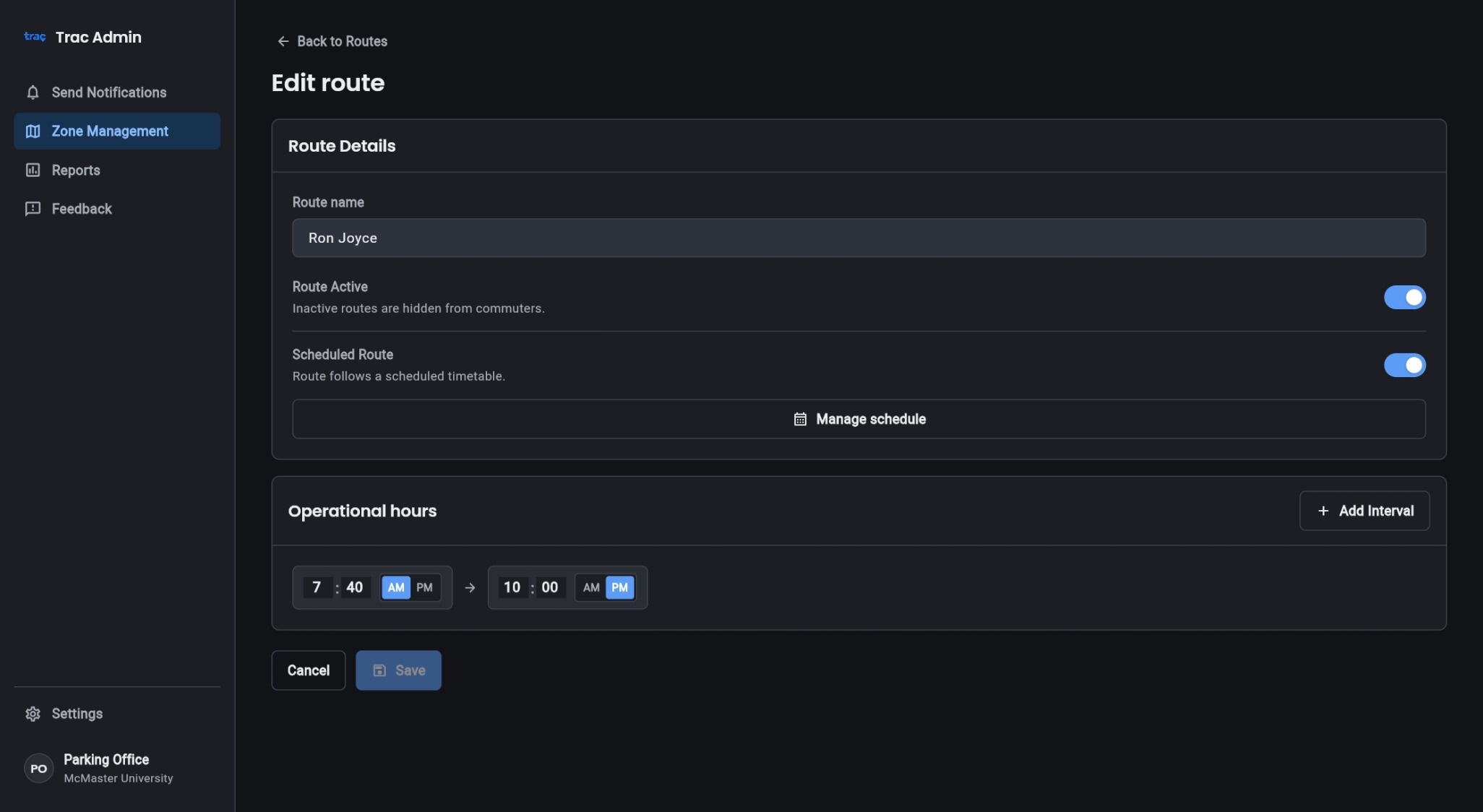 Edit route screen with active and scheduled toggles and operating hours