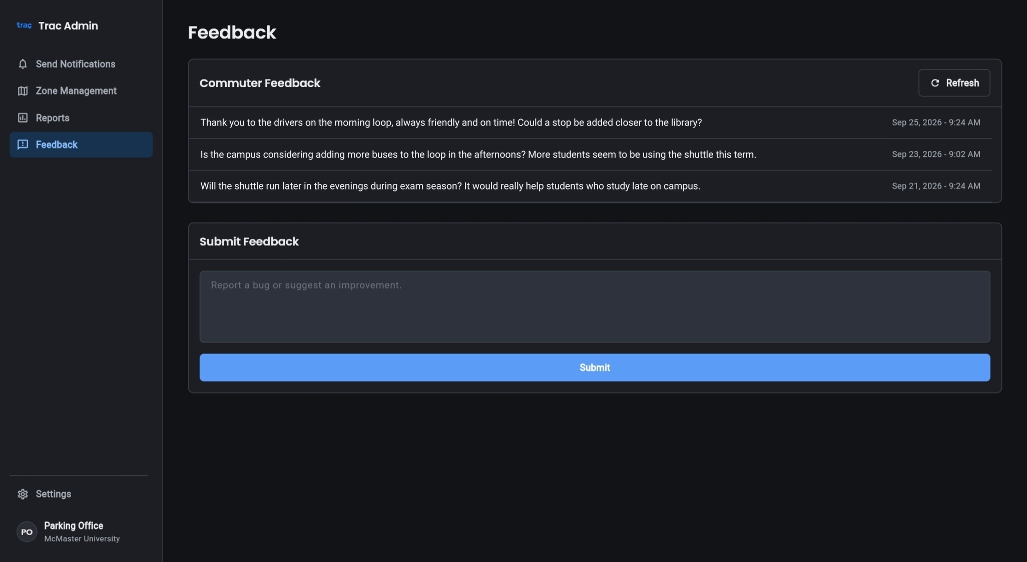 Feedback screen listing rider comments